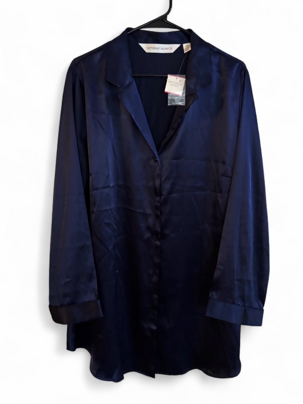 Victoria’s Secret NWT Navy Blue Satin Button Up Sleep Shirt Dress Size Large